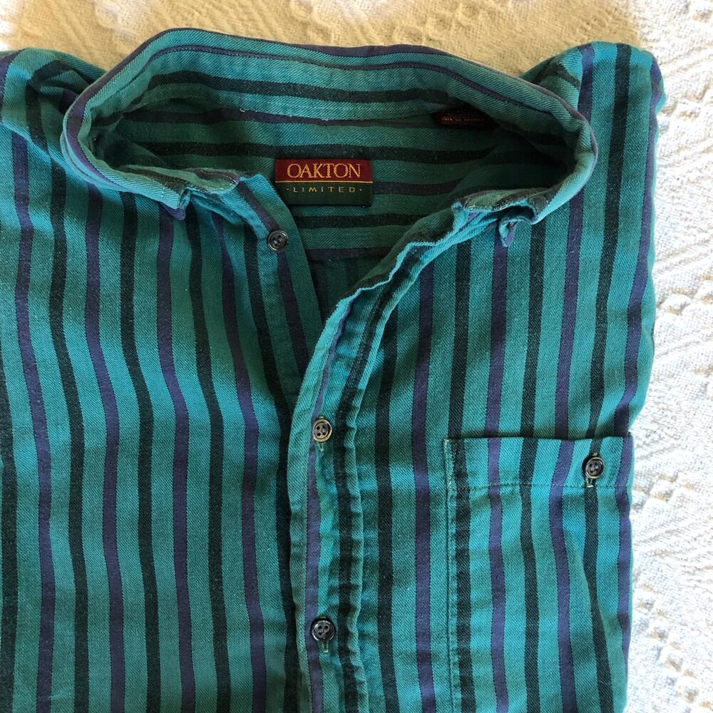 Oakton Limited Striped‎ Button Down Shirt XL Tall Long Teal Purple 90s Portugal